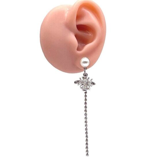 Silver with White and AB Crystal Mismatching Bees Post Back Earrings - Picture 8 of 8